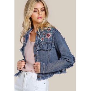 Denim floral embroidered & ruffle jacket